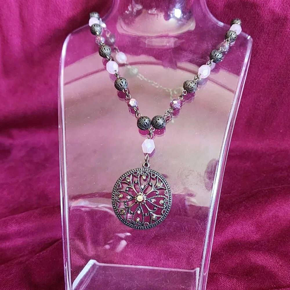 Silver Toned Pendant on Pink Beaded Necklace Fashion Jewelry NEW